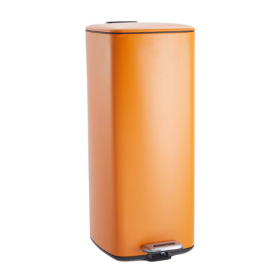 8 Gallon Kitchen Trash Can, Stainless Steel Garbage Can with Lid and Inner Bucket, Step-On Square Trash Bin for Home Office Bedroom Bathroom Laundry Room, 30 Liter, Orange