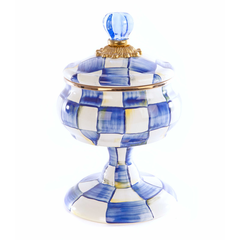 Royal Check Enamel Curiosity Pot with Brass & Blue Glass Knob