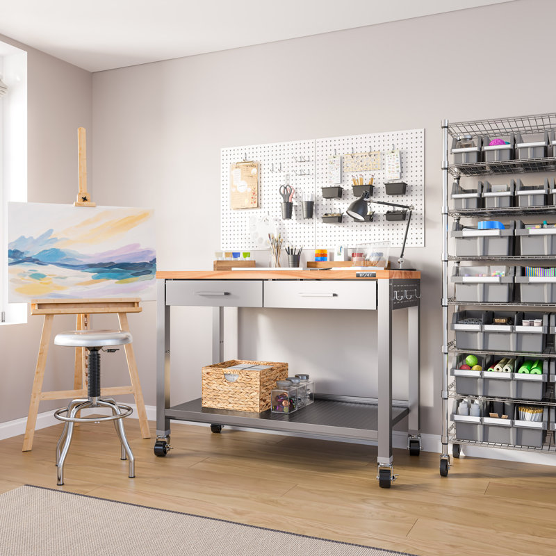 48'' Wide Stainless Steel Kitchen Rolling Cart Island with Solid Wood Top, Stainless Steel