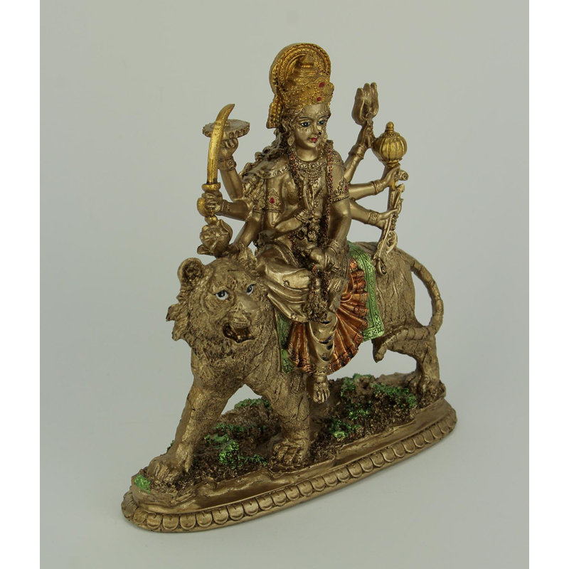 Traditional Hindu Goddess Durga bronze finish resin decorative statue riding tiger — 9.5" H x 9" L x 3.5" W