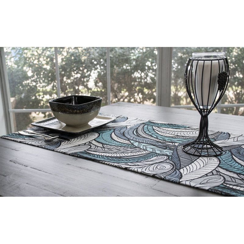 Elegant Chenille Gray And Teal Blue Feather Table Runner (16.5"x34.5"), 35.5" L x 16.5" W