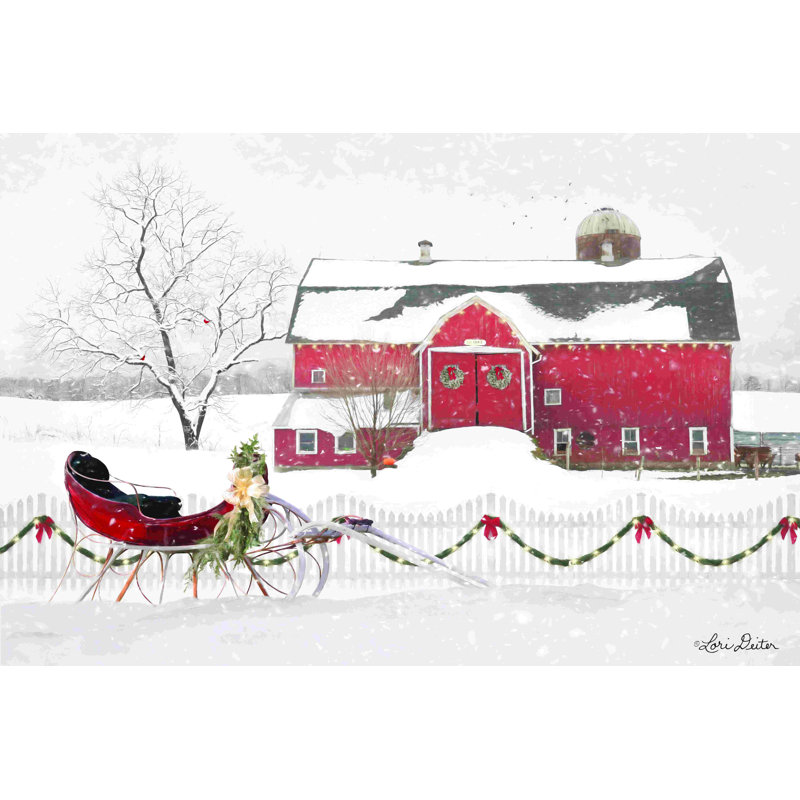Grange de Noël avec traîneau - peinture sur toile tendue, H 8 po x l 12 po