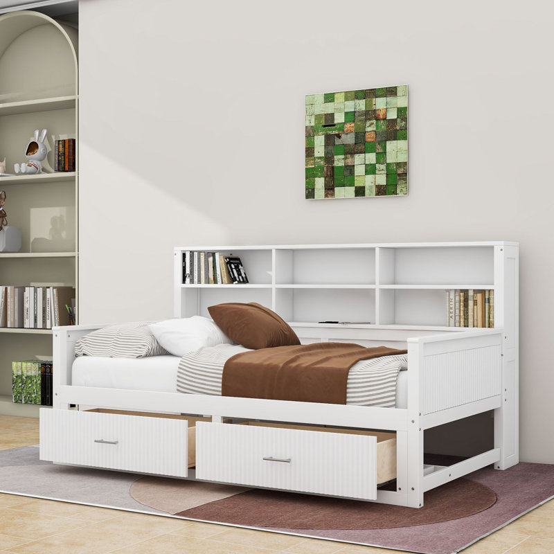 Lit de jour en bois avec tablettes de rangement, tiroirs et station de charge, Lit simple, White