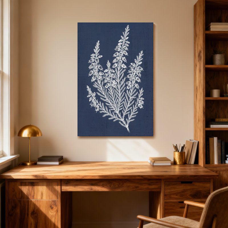 Plantes et fleurs, motif floral blanc sur fond bleu marine, H 48 po x l 32 po