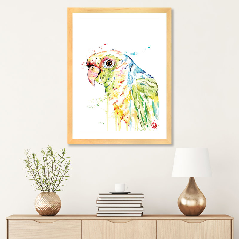 «Parrot» par Lisa Whitehouse - impression d'art graphique, Papier encadré de bois naturel, H 32 po x l 24 po x P 1 po, Blanc