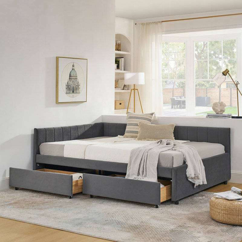 Full Size Upholstered Tufted Bed Frame with Drawers, Gray
