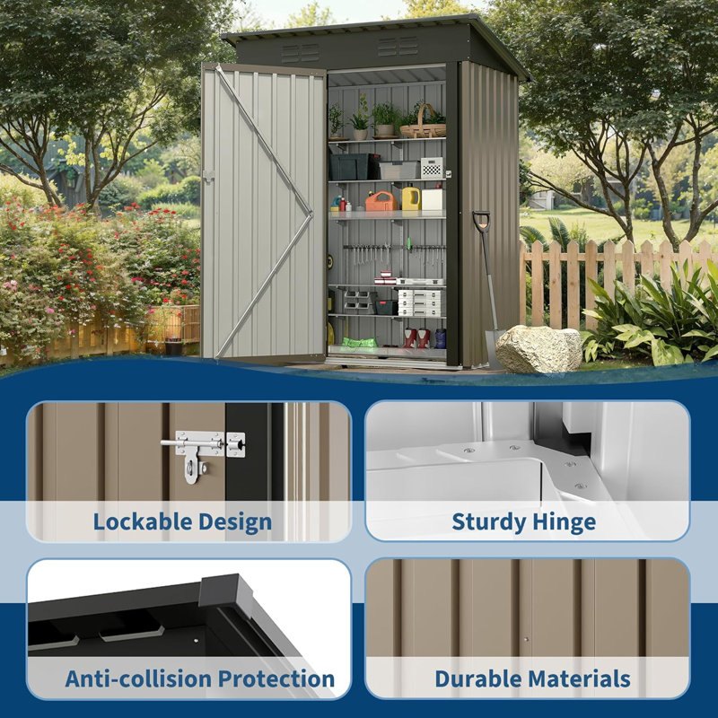 5x3 Ft Multi Purpose Outdoor Storage Shed With Lockable Door Anti Corrosion Construction Sloping Roof For Backyard And Patio Use