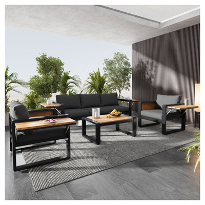 Ensemble de conversation d'extérieur gris en aluminium avec coussins et tables d'appoint pliables 4 pièces Gray