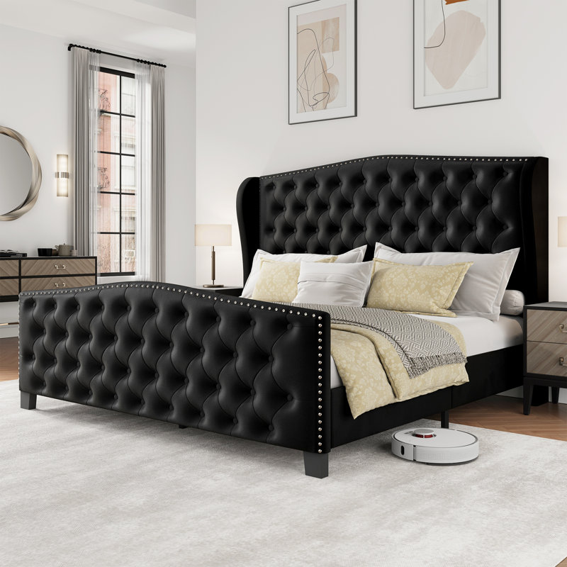 House of Hampton® Velvet Upholstered Platform Bed Frame With 51.1" Wingback Headboard & Deep Button Tufted Footboard, No Box Spring Required, Easy Assembly