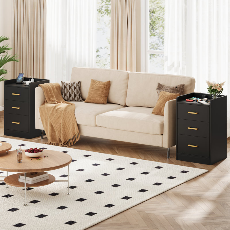Bettylee 3-Drawer Nightstand with Charging Station, Black, Set of 2