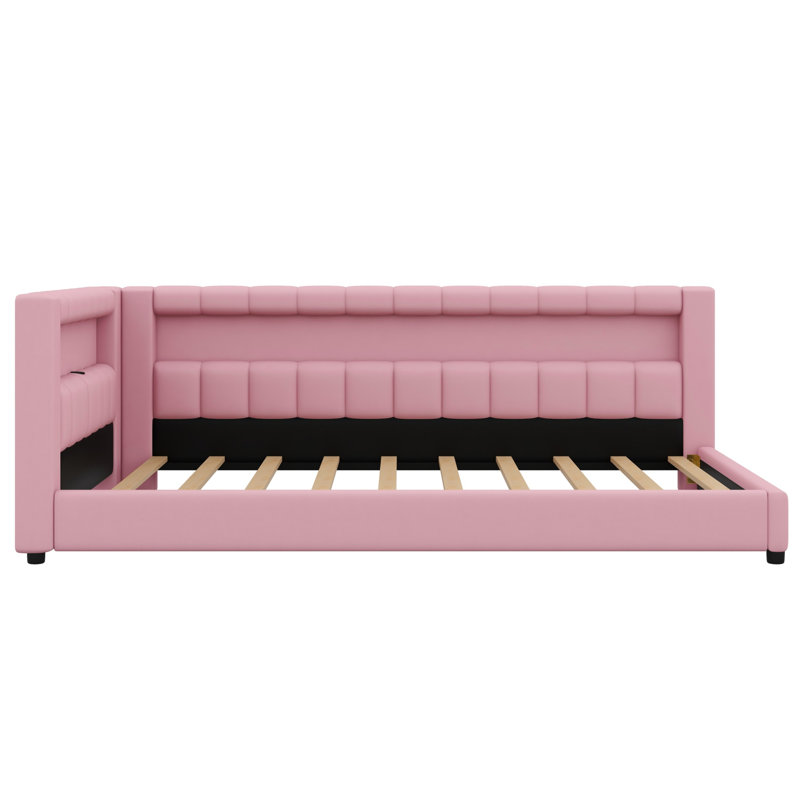 Modern Upholstered Platform Bed Featuring USB Ports and LED Belt, Simple extra long, Pink
