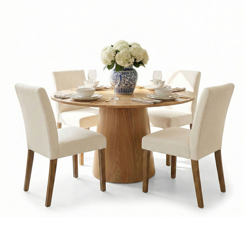 4 - Person Dining Table Set with Solid Wood Table and 4 Linen Chairs, Cream