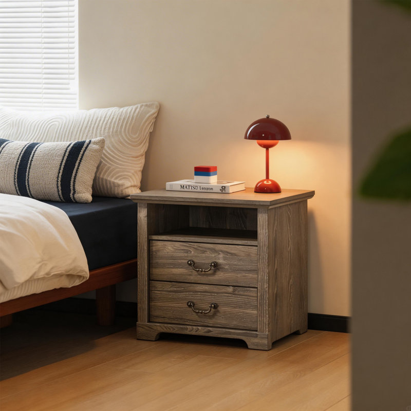Rustic 22" W Bedside Table Nightstand With 2 Drawers, Open Shelf, Metal Handle Accent, Multi-Color Options, Gray