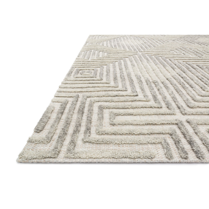 Tapis ivoire en laine touffeté à la main à motif géométrique Zyshonne, Rectangle 9 pi 3 po x 13 pi