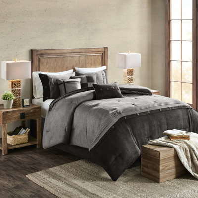 King Faux Suede Comforter In Grey With Buttoned And Solid Microsuede Shams