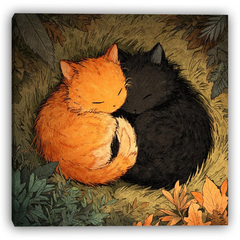 Automne, art mural sur toile tendue, gingembre et chats noirs, H 20 po x l 20 po, 1