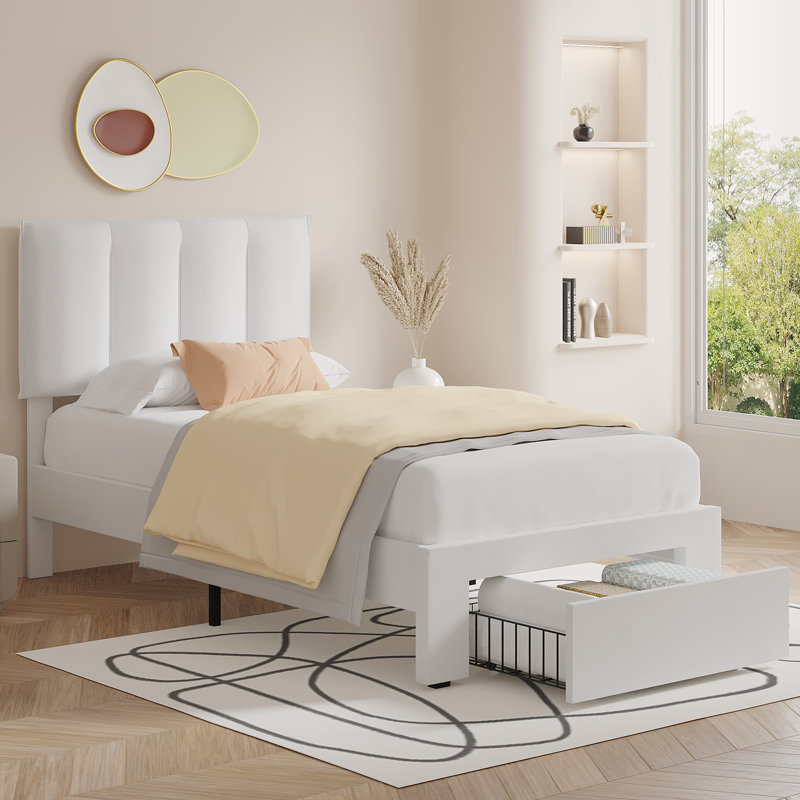 Structure de lit simple avec tiroir de rangement Cahlin, Blanc, Simple