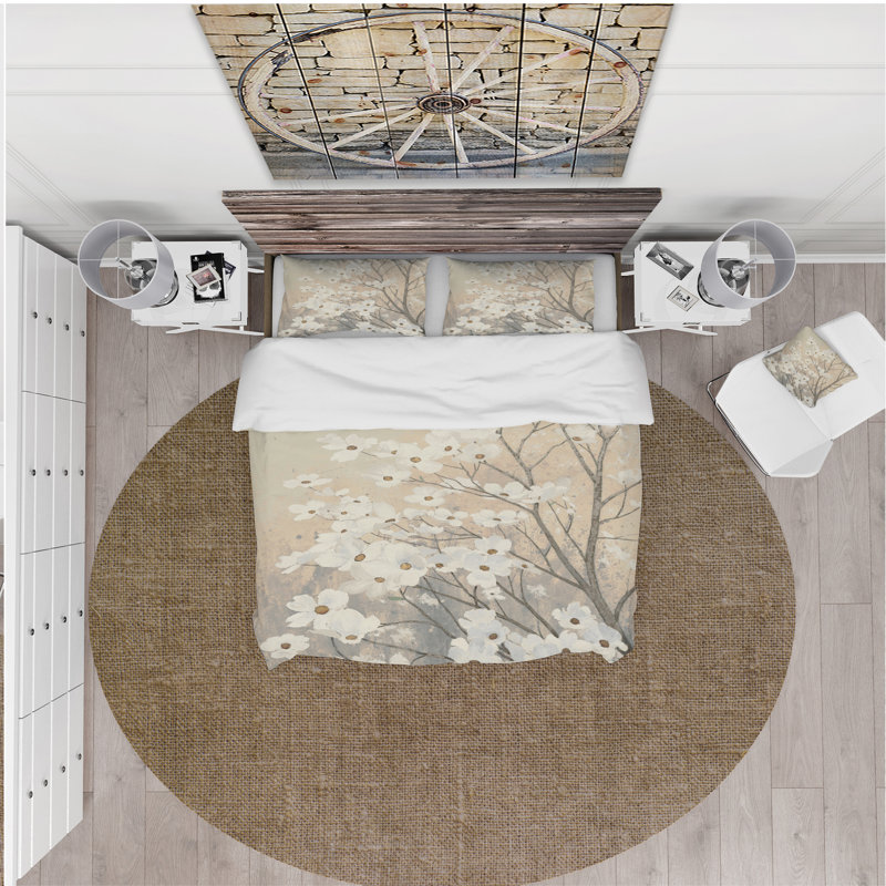 Brown on Grey Blossoms - Ensemble de housse de couette traditionnel - Microfibre de polyester