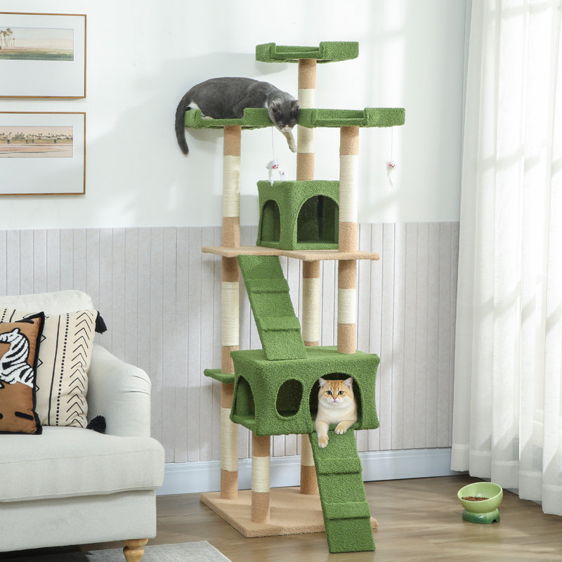 Arbre à chat 68 pouces, grande tour à chat multi-niveaux, vert, Vert/brun
