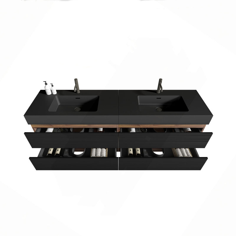 Meuble-lavabo 72 po (36 po * 2) avec lavabo à quartz d'ingénierie et tiroirs souples, meuble-lavabo mural flottant, lavabo une pièce