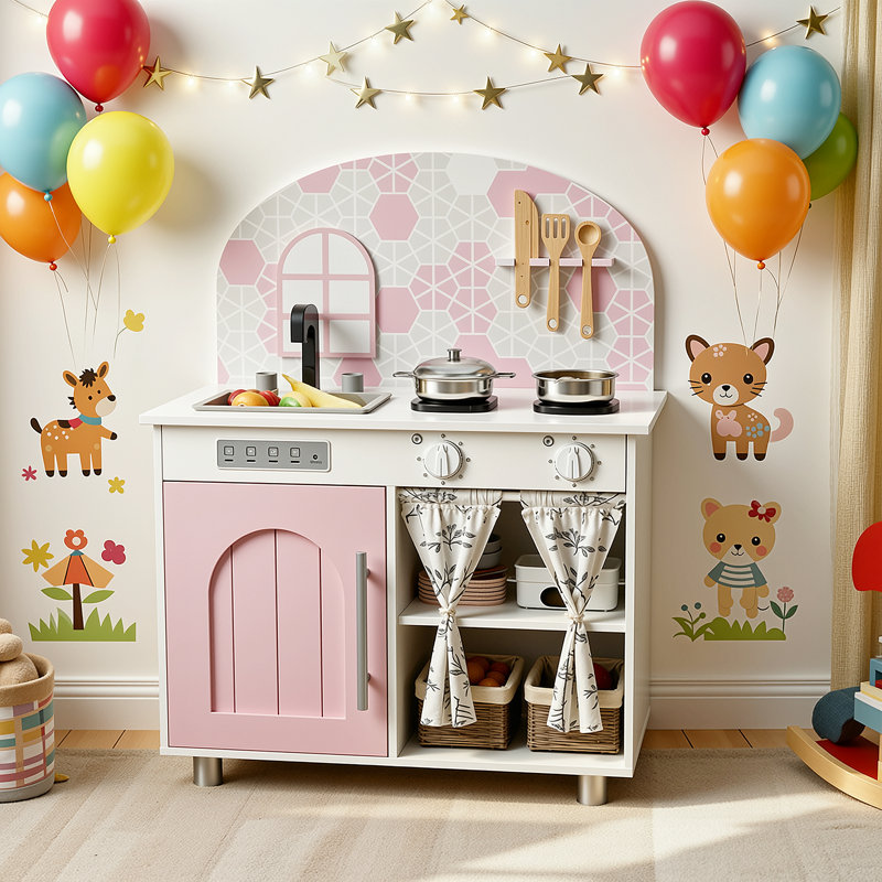 Immersive Wooden Play Kitchen with Removable Sink, Clicking Knobs & Curtained Storage, Realistic Pretend Toys, a Perfect Christmas Gift, to Keep Playroom Tidy (pink)