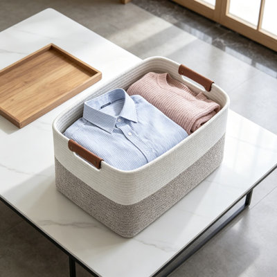 Grand panier de rangement en corde de coton avec poignées en cuir, panier à linge pour couvertures et jouets, organisateur de décoration intérieure tissé à la main