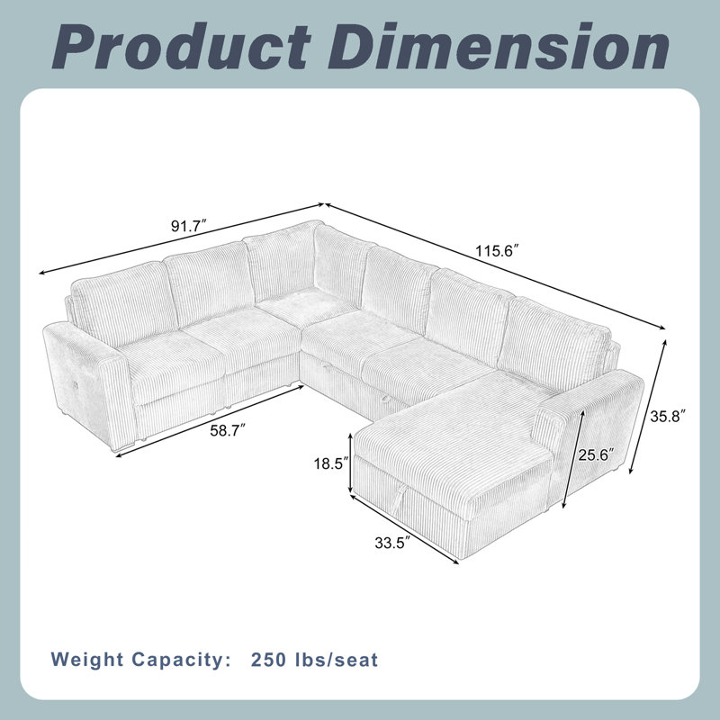Canapé d'angle en U en velours côtelé avec méridienne de rangement et canapé 6 places, Polyester beige