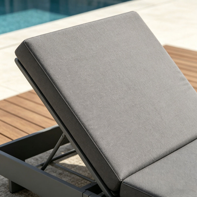 Solid Wood Lounge Chaise, Dark Grey+3-Fold Cushion
