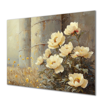 Ferme, pivoines par le grain de silo III - reproduction d'art traditionnelle en métal, pivoines, art mural en métal
