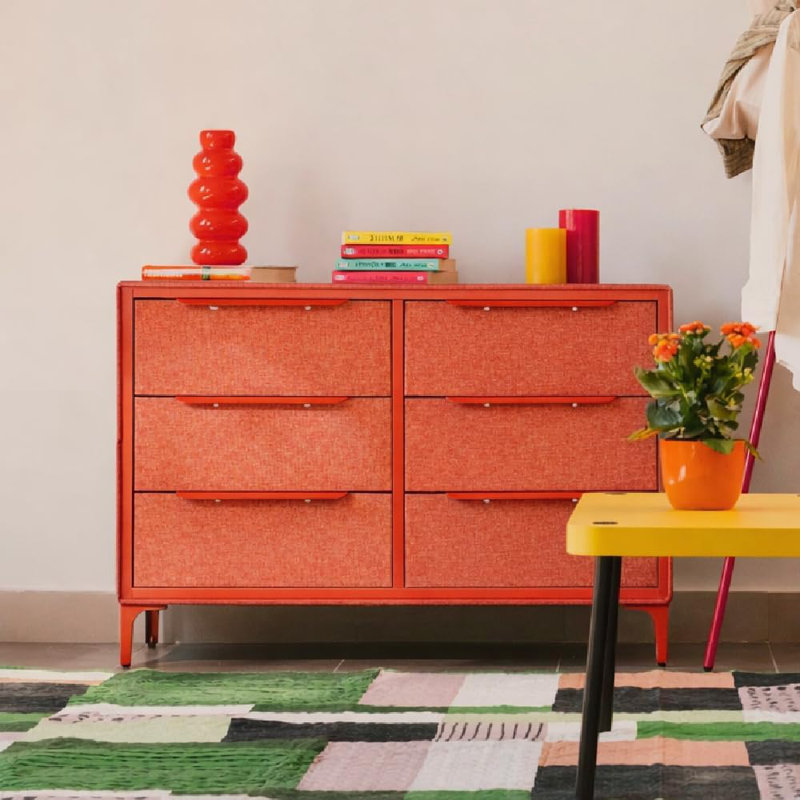 Naima 6 Drawer Fabric Dresser – Orange, 14"D x 39.5"W x 28"H (6 Drawers), Orange