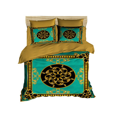 Luxury King Quilt Cover Set, Black & Gold with Turquoise Accents, 240 x 87 in | 100% Polyester Microsatin & Cotton, Machine Washable, 140 Thread Count, Zipper Closure, 3D Printed Design, Elegant Home Decor