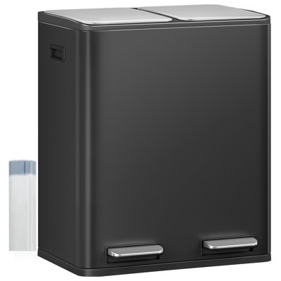 Kitchen Bin, Recycling Bins, Pedal Bin with Lid, Stainless Steel Kitchen Bins Recycling and Waste, Silent Slow-Down Closing Lid, With 15 Exclusive Trash Bags