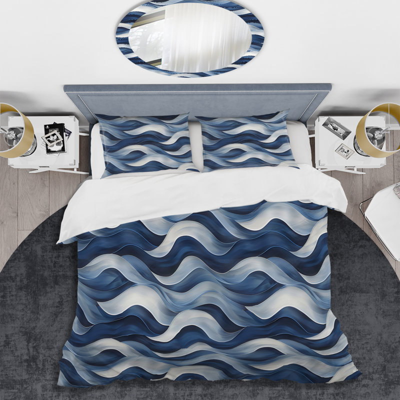 Ensemble de housse de couette Modern White Waves V - blanc et bleu, Housse de couette pour grand lit et 2 taies décor