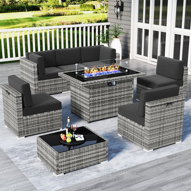  8 Piece Patio Furniture Set with 44" Propane Gas Fire Pit Table, Outdoor Sectional Conversation Set Wicker Rattan Sofa Set with Coffee Table