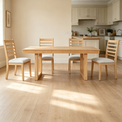 5-Piece Extendable Dining Table Set, Farmhouse Extendable Table with 18" Move Leaf, 78" Rustic Wooden Kitchen Table and 4 piece Upholstered Chairs, Ex