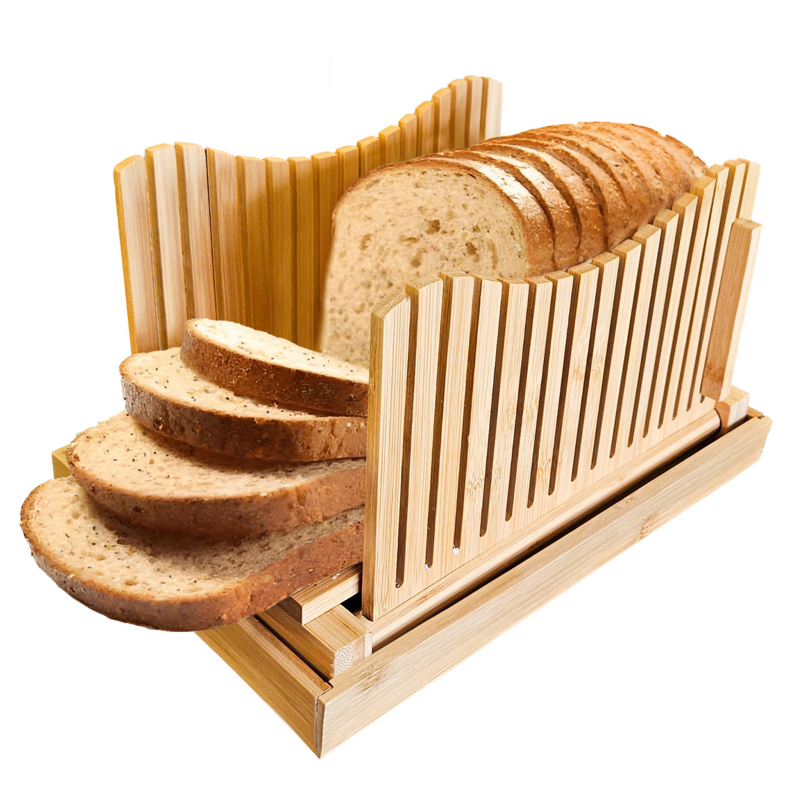 Belfry Kitchen Bamboo Bread Slicer Guide Wooden Board Cutter With Crumb