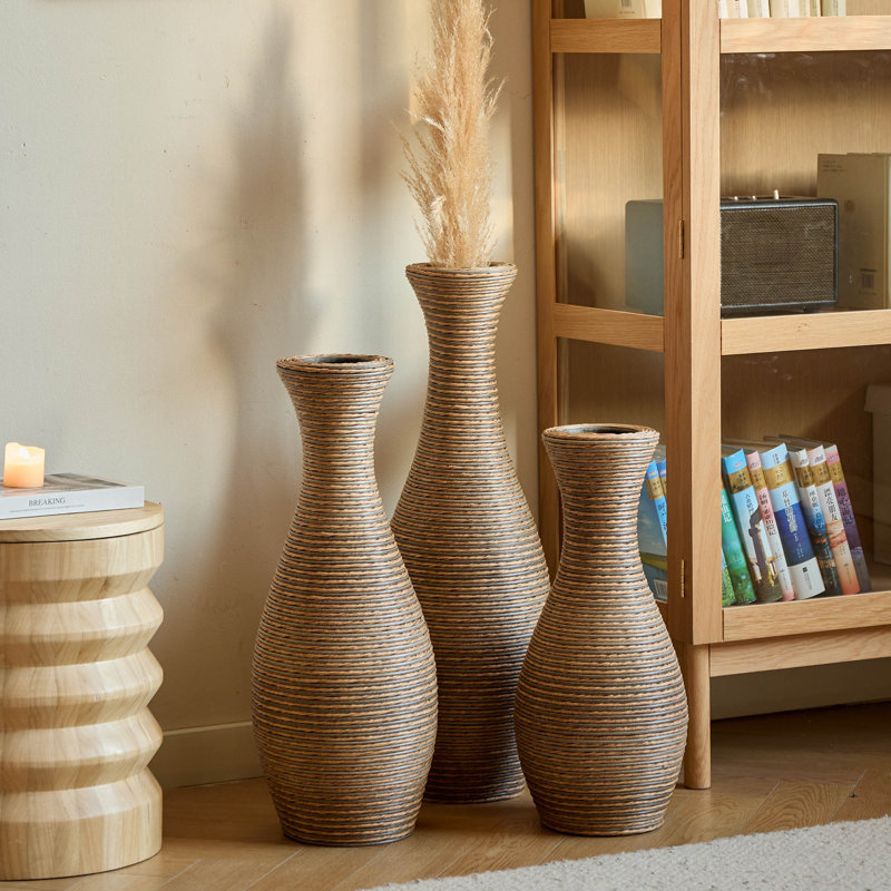 Ensemble de 3 vases de sol en rotin fait à la main Eibhinn, grand grand vase, finition multicolore, Brun