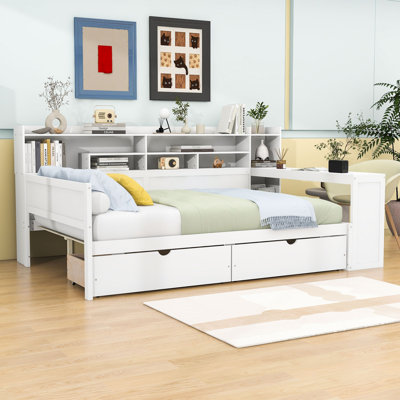 Wooden Daybed with Storage Shelves and Study Desk