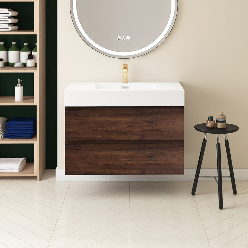 Meuble-lavabo simple 36 po avec plateau Semyah, Noyer, Blanc
