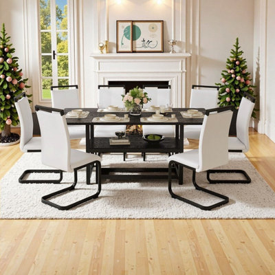 71 X 35.4 Inch Dining Table Set With Storage Center And 8 PU Chairs, MDF Table And Metal Legs