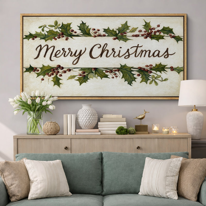 «Merry Christmas Holly Berry Holiday», impression sur toile encadrée, H 30 po x l 60 po x P 1,5 po, Naturel