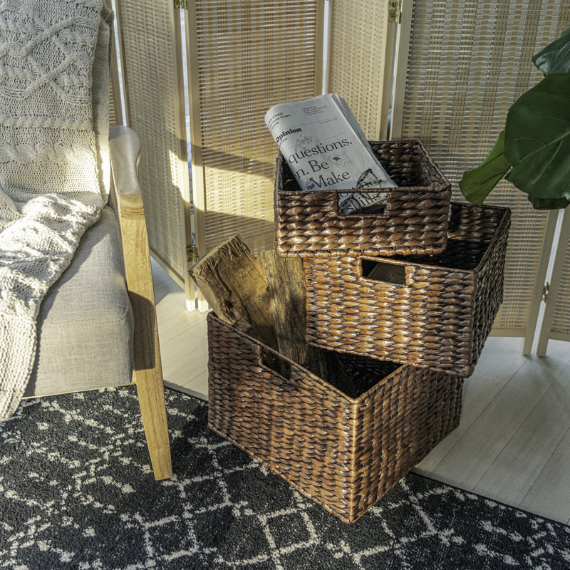 Handwoven Dark Brown Hyacinth Storage Basket Set with Iron Frame