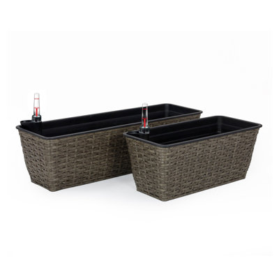 2-Pack Self-Watering Wicker Planters - Rectangular Dark Gray Hand Woven Rattan Planters with Water Level Indicator, Indoor Outdoor Weather Resistant Planters for Home Garden Decor