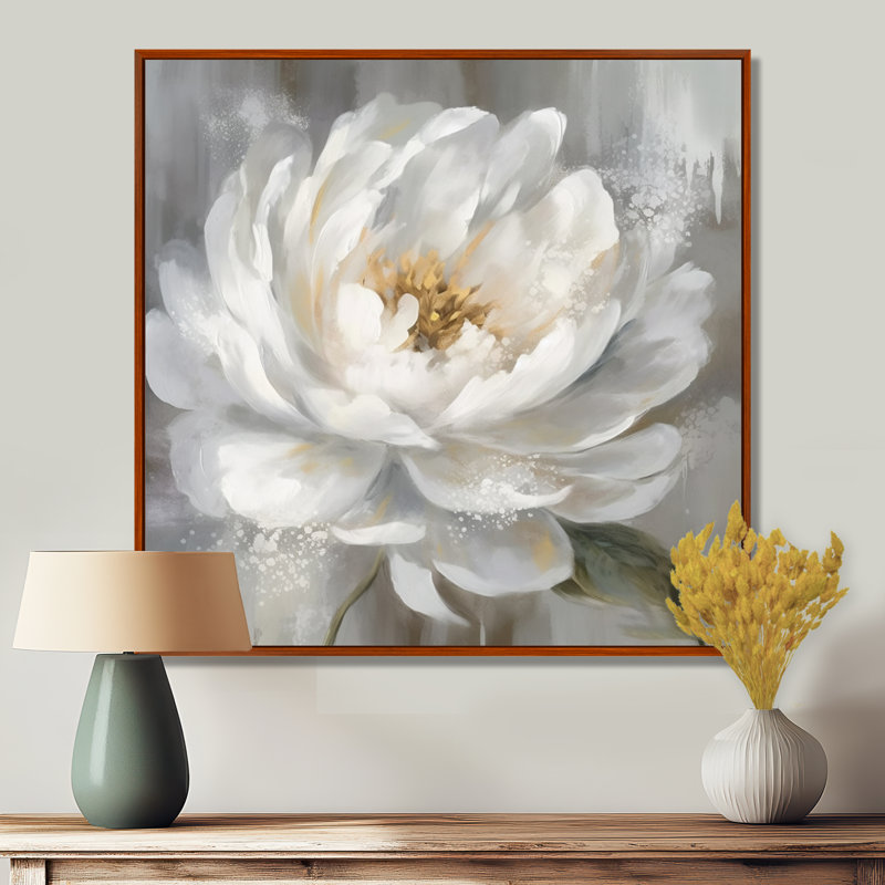 Art de pivoines blanches et grises - art sur toile de pivoines, H 36 po x l 36 po x P 1,5 po, Cadre flottant brun
