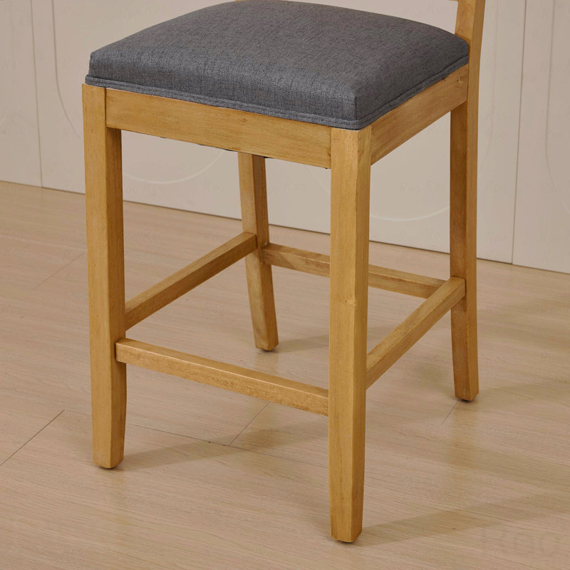 Tabouret de bar en bois massif à dossier en rotin, coussin en lin avec mousse haute résilience et ressorts en S