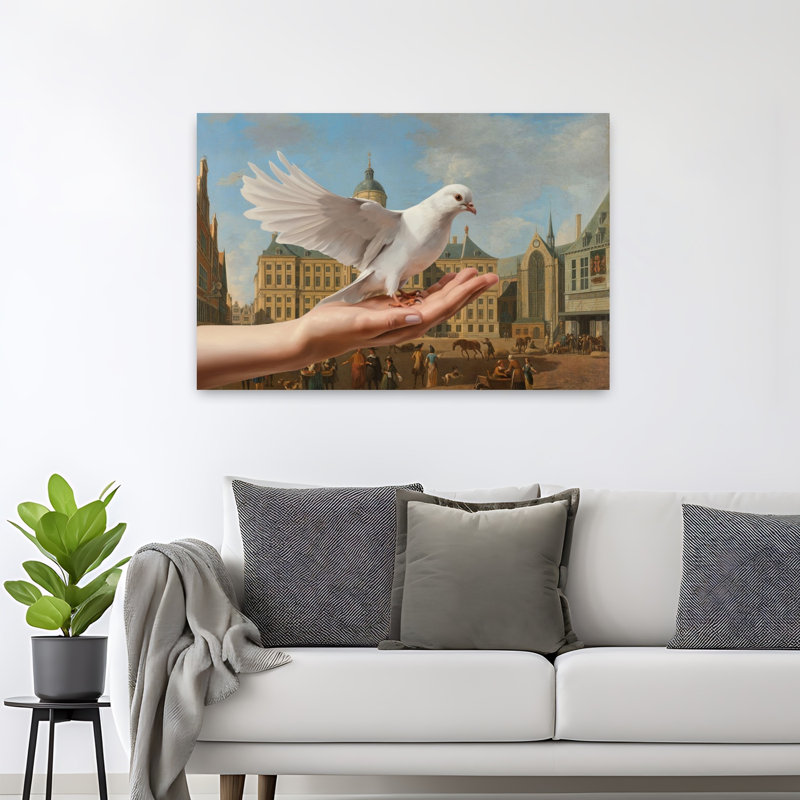 Affiche murale représentant un oiseau blanc, une colombe paisible et classique, sur la place de la ville., H 32 po x l 48 po