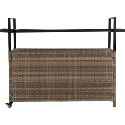 Brown Backyard Beverage Cart - With Wheels And Glass Tabletop For Outdoor Patio Use Rolling Bar Counter Table Stylish Serving 360° Smooth Porch, Garden, Poolside