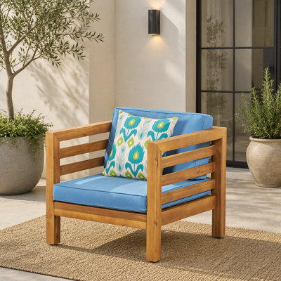 Fauteuil club d'extérieur en bois d'acacia massif, fauteuil de terrasse moderne à lattes rustiques avec coussin amovible, sièges d'extérieur robustes pour le jardin près de la piscine