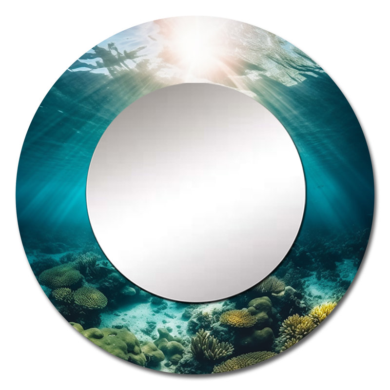 Underwater Coral IV - grand miroir mural côtier, miroir décoratif rond côtier, impression d'art en métal, 36 po x 36 po