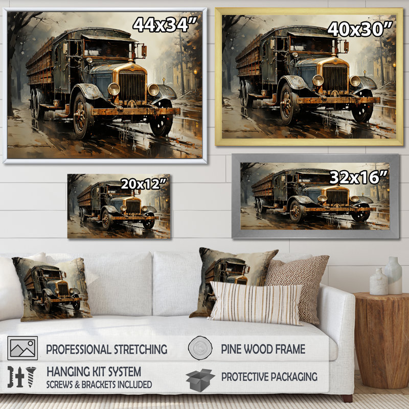 Camion de livraison II brun des années 1930 sur toile, Cadre flottant doré, H 12 po x l 20 po x P 1 po